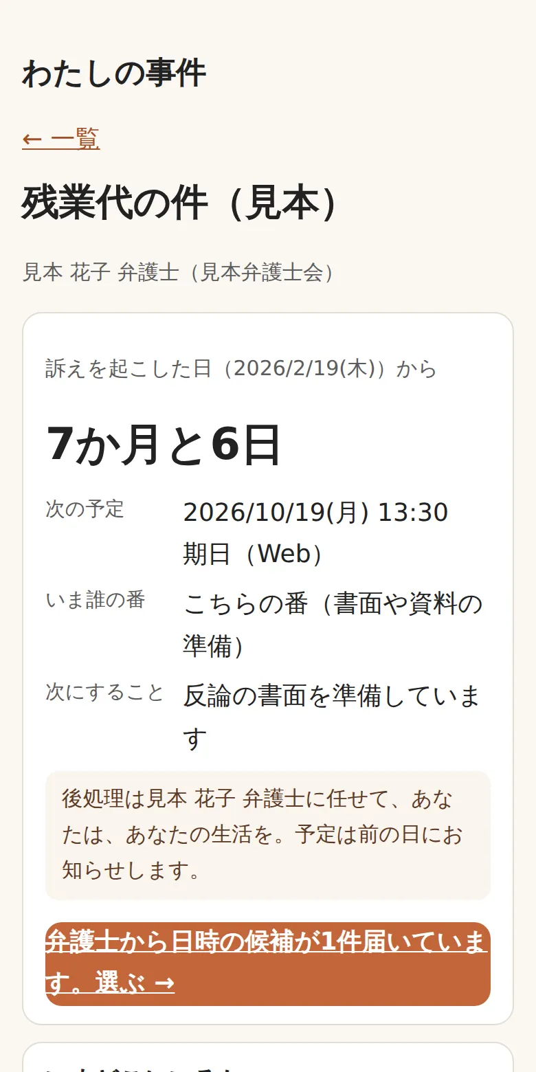 「わたしの事件」の画面の例。訴えを起こしてから7か月と6日、次の予定は期日、いまはこちらの番、次にすることは反論の書面の準備